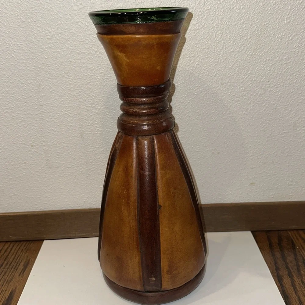 Wine Carafe Made in Italy VINTAGE Brown Leather Wrapped Green Glass 11.5”